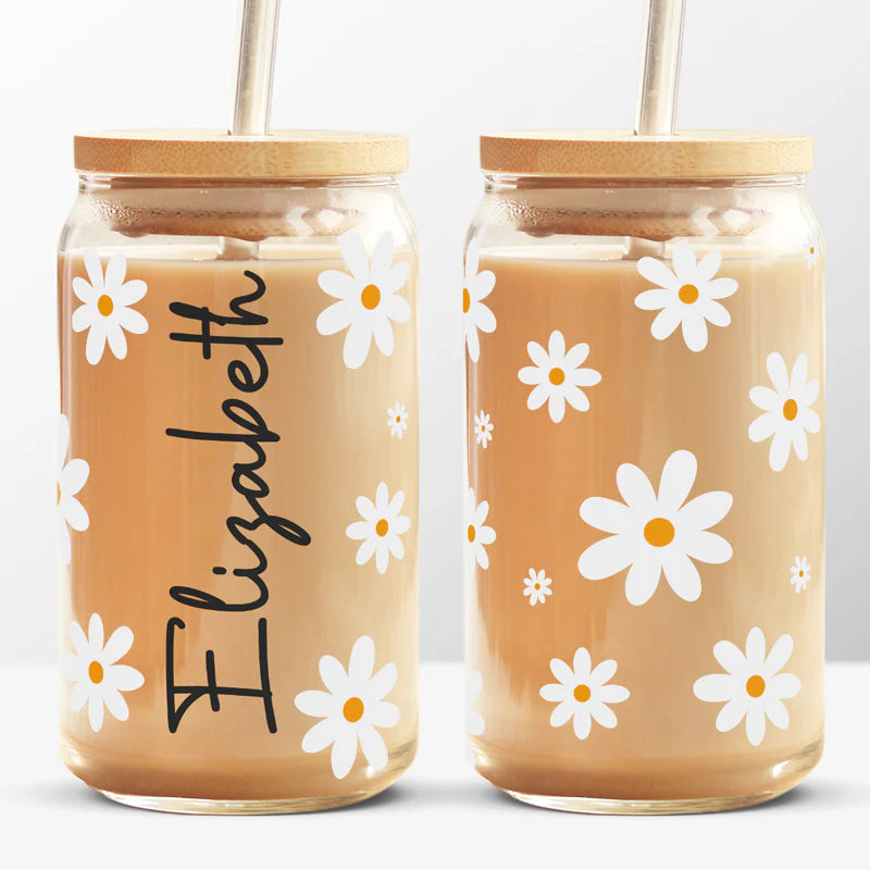 Amslols - “Every Flower Is a Soul Blossoming in Nature” Personalized Glass Cup – Custom Iced Coffee Cup, Unique Birthday Gift for Her or Yourself